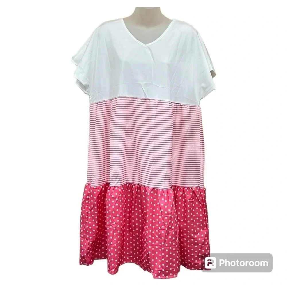 White and Pink Colorblock Polka Dot Tiered Dress